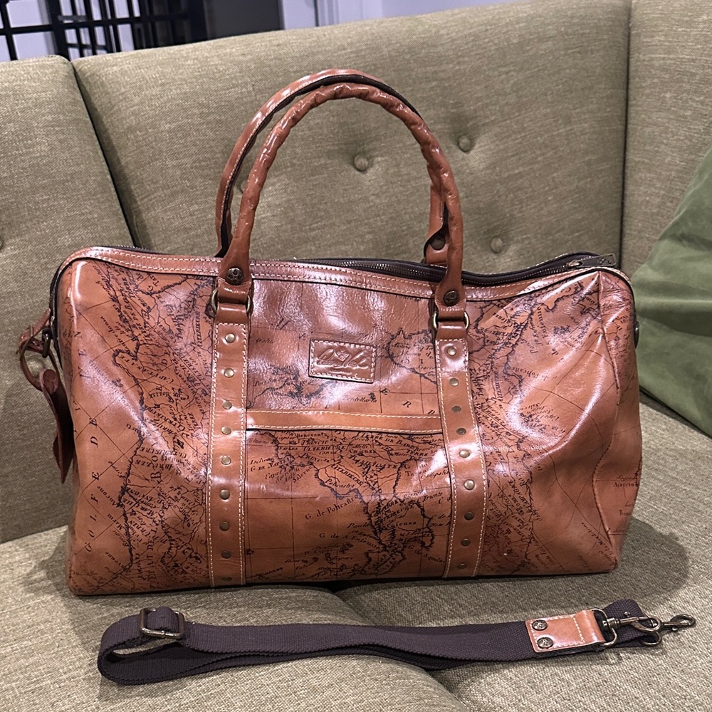 Patricia Nash Map Brown Leather Travel Bag with Strap